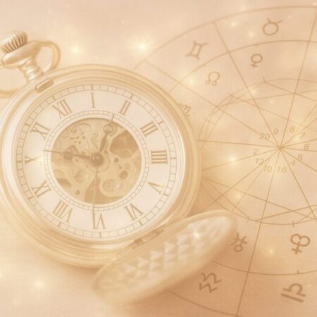 "Montre ancienne symbolisant le temps avec une carte du zodiaque en arrière-plan, illustrant les transits astrologiques sur 12 mois – Karen Guille astrologue"