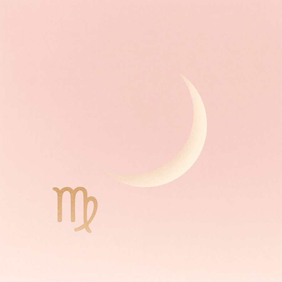 "Croissant de Lune sur fond rose poudré avec symbole astrologique de la Vierge en doré – Nouvelle Lune en Vierge août 2025"