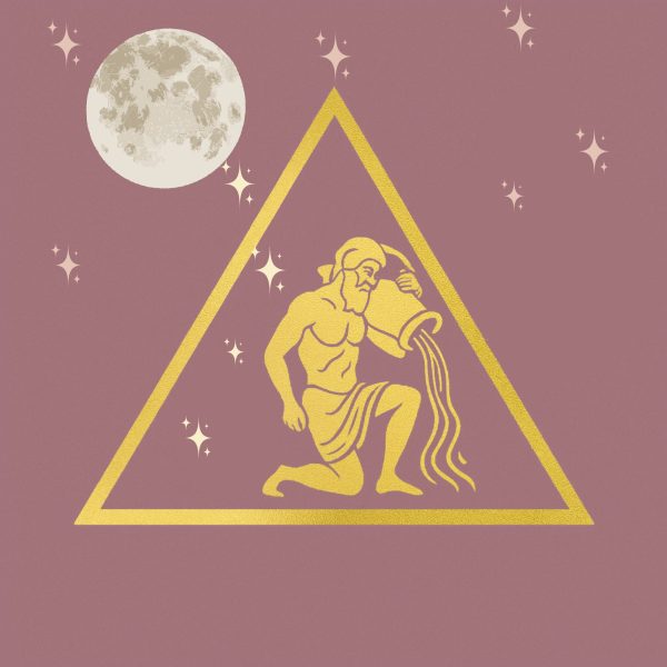 "Illustration symbolique de la Pleine Lune en Verseau du 9 août 2025 – un Verseau céleste verse les ondes du ciel dans la matière, sous un croissant de Lune doré – Karen Guille, astrologue et thérapeute."