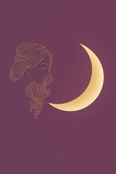 "Illustration profil féminin doré face à un croissant de Lune doré, sur fond prune, symbolisant l’énergie de la Nouvelle Lune en Vierge"