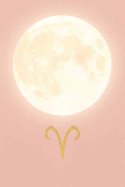 "Illustration minimaliste d’une Super Pleine Lune en Bélier, grande et lumineuse, sur fond rose poudré avec le symbole doré du Bélier."